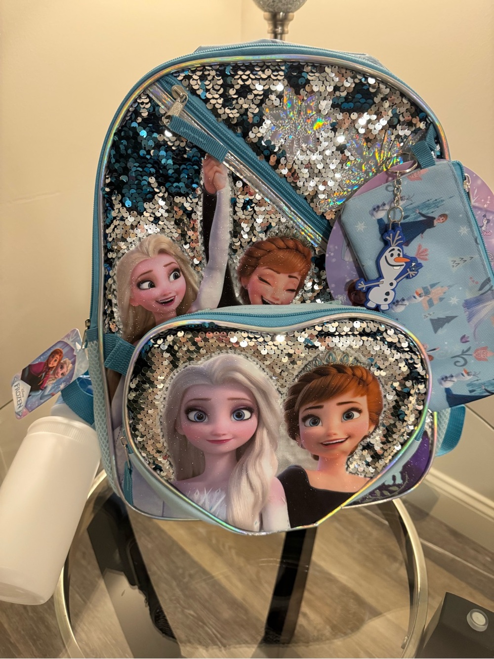 NWT Disney Frozen Sequin Kids Backpack - Silver & Light Blue